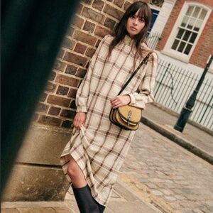 Sezane Plaid Midi Dress in Cream and Brown